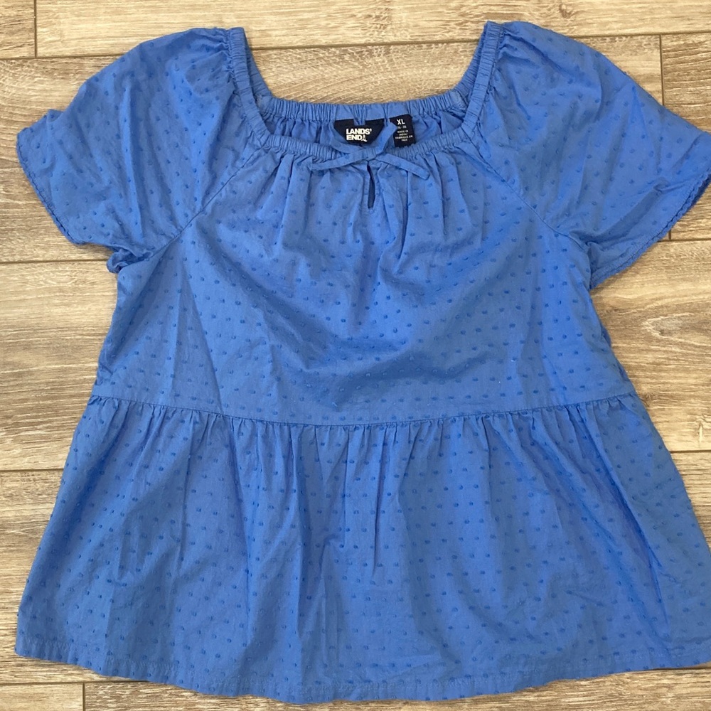 Lands' End Light Blue Swiss Dot Peplum Top